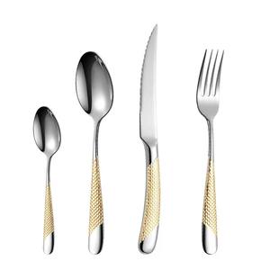 En vente en acier inoxydable couteau fourchette cuillère or argenterie métal ensemble de couverts pour mariage martelé motif poignées - Product Image 1