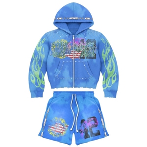 Ensemble de survêtements à capuche d'hiver en coton lourd unisexe à coupe régulière à imprimé bouffant strass délavé à l'acide respirant - Product Image 5
