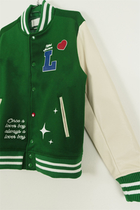 แจ็กเก็ตเบสบอลกำมะหยี่ขนแกะปักโลโก้ได้ตามต้องการสำหรับผู้ชายเสื้อแจ็คเก็ตแขนเสื้อหนังสีเขียวสไตล์วินเทจ - Product Image 4