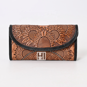 Portefeuille long de luxe vintage pour femme en cuir de vachette véritable, à trois volets, avec motif floral, pompon et protection RFID, fait main - Product Image 1