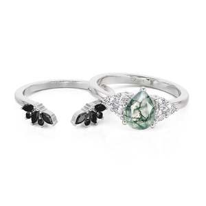 Bague en argent sterling avec agate mousse taille poire du Rajasthan, motif floral, bijoux de fiançailles romantiques pour femme, par Ishwar Art Jewellery - Product Image 2