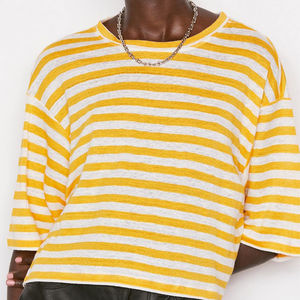 Haut court à carreaux pour femmes, manches courtes, extensible, confortable, à porter au quotidien, col rond, 100% coton, streetwear, respirant - Product Image 5