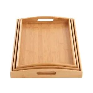 家用和酒店用竹木纹理的新型木质托盘低成本天然木质食品托盘3件套
