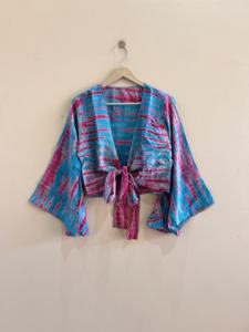 Bell Sleeve Crepe Silk Women Crop Top <b>Tie</b> Dye <b>Wrap</b> Top Vintage Women Blouse - Product Image 6