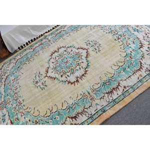 พรมตุรกีโบราณ5.9 x สีฟ้าเบจ9.1ft แบนขนสัตว์สานด้วยลวดลายเย็บปะติดปะต่อกันสำหรับตกแต่งห้องนั่งเล่นหรือใช้ในห้องโถง - Product Image 5