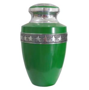 Urnas De Cremación De Aluminio Para Adultos Con Diseño De Estrella Grabado Banda Peltre Y Color Verde Acabado Esmaltado. - Product Image 1
