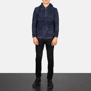 Kenton Genuine Sheepskin <b>Leather</b> Aviator Pullover <b>Jacket</b> Blue <b>Suede</b> Hooded Puffer Coat Zippered Closure Sizes XS 6XL for Autumn - Product Image 3
