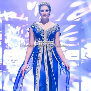 Col en V manches longues dentelle dorée Appliques marocain musulman caftan soirée robe de bal Dubaï Arabie Saoudite - Product Image 1