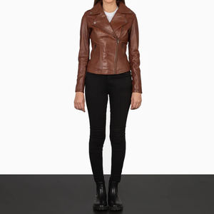 Chaqueta de motorista marrón de cuero genuino para Mujer | Prendas de abrigo elegantes ajustadas | Fabricante de proveedores al por mayor OEM ODM - Product Image 5