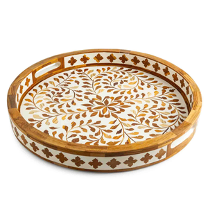 Plateau de service rond en os incrusté pour la décoration de table, motif design, plateau à fruits en corne et en bois, 2025 - Product Image 1