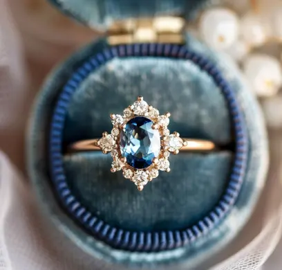 Natuurlijke Londen Blauwe Topaas Met Lab Gemaakt Diamanten Halo Ring Rose Goud 14 K Perfecte Trouwring Koop Op Dit Moment