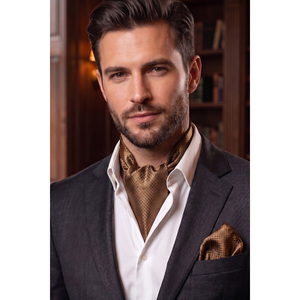 Copper <b>Brown</b> Diamond Patterned Satin Men's Accessory Set Scarf Shawl Ascot and Handkerchief for Bow <b>Tie</b> and Cravats - Product Image 1