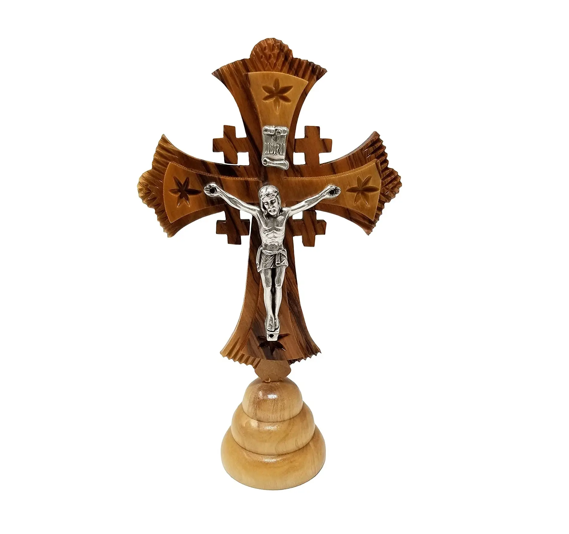 Holy Land Olive Wood Standing Jerusalem Crucifix Cross from Israel, Wooden Church Cross on Stand for Altar Table Top