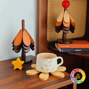 Ensemble de dessous-de-plat et de dessous-de-verre en bois faits à la main, motif végétal, écologiques, réutilisables, pour la décoration de la maison - Product Image 2