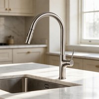 Robinet de cuisine en cuivre avec cartouche céramique, douchette extractible, double bec cascade, anti-éclaboussures, à poser sur comptoir, style américain