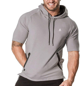Sweats à capuche de gymnastique à manches courtes en gros décontracté ample été couleur unie haut musculation demi manches coupe serrée à capuche - Product Image 3