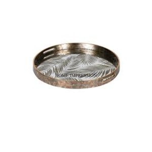 Attractive Look Enamel Finishing Designer Unique Modern Creative Art Designer <b>Round</b> <b>Tray</b> With Gold Plated Leaves Design Handle - Product Image 6