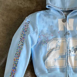 Sudadera con capucha de diamantes de imitación lavado ácido de moda para mujer, algodón transpirable con cremallera, moda callejera con detalles en purpurina - Product Image 6