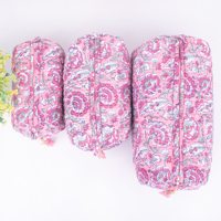 Trousse de Maquillage Femme Zippée Imprimée à la Main, Réutilisable et Écologique, Style Indien Matelassé, Organisateur Cosmétique 3 Pièces Personnalisable