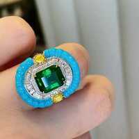 Magnifique bague de style Art Déco en argent sterling avec émeraude Muzo de 4,17 carats, turquoise, émail jaune et zircon blanc, certifiée IGI, pour mariage et soirée