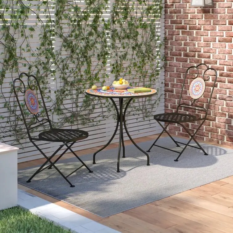 Patio Dining Set Round Mosaic Table with 2 Patio Folding Chairs Garden Outdoor Table and Chairs