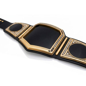 Ceinture de championnat de lutte manuelle ergonomique en zinc noir, avec plaques métalliques plaquées or, taille et couleur personnalisables - Product Image 3