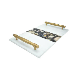 Mármol pulido de alta calidad con bandeja de servicio acabada en oro al por mayor nuevo diseño hecho a mano bandeja de mármol mango de Metal fabricante - Product Image 3