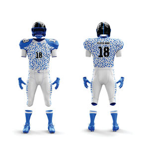 Conjunto de uniforme personalizable de fútbol americano azul real y blanco para hombre, pantalones cortos de Jersey, costuras de sarga transpirables duraderas - Product Image 1