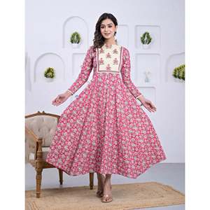 Pink Cotton <b>Block</b> <b>Printed</b> Anarkali Dress Georgette Material Pakistani-Indian Style Salwar Kameez Saree - Product Image 3