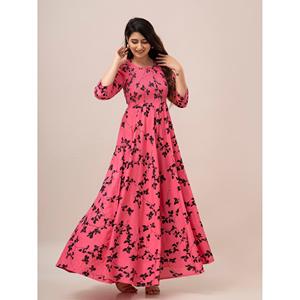 Robe longue tendance rose à imprimé floral avec taille élastiquée smockée, fermeture éclair et décoration drapée, tailles XS-XL pour les journées décontractées - Product Image 3