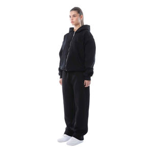 Unisex Custom <b>Black</b> <b>Zip</b>-<b>Up</b> <b>Hoodie</b> Sweatpants Set Oversized Casual Winter Outfit Solid Pattern Eco-Friendly Fleece Tracksuit - Product Image 6