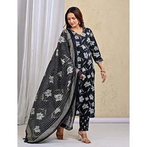 Hand Drawn Black <b>Block</b> <b>Printed</b> Cotton Anarkali Kurta Pant Set with Mulmul Dupatta Indian Ethnic and Party Wear with Net Fabric - Product Image 6