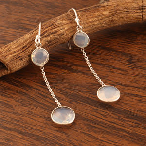 เครื่องประดับแฟชั่นที่มีน้ำหนักเบาต่างหูห่วงโซ่ห้อยควอตซ์ต่างหูทองเหลืองชุบเงินต่างหูอัญมณีกลมคู่ - Product Image 4