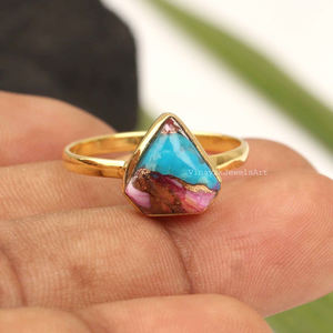 Bague en cuivre et turquoise Dahlia orange naturel, forme de diamant de 10mm, argent sterling 925 plaqué or 18 carats, bague de mariage éternité vermeil - Product Image 4