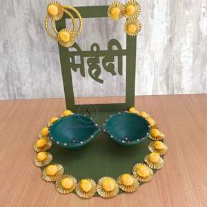 Platos decorativos multiusos Mehndi de diseñador tradicional con hermosa flor amarilla Workk Mehndi plato para decoración de boda - Product Image 6