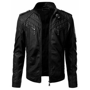 Chaqueta de cuero para hombre estilo motorista con bolsillos con cremallera abrigo ajustado para motocicleta - Product Image 1