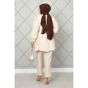 ชุดฮิญาบผ้าลินิน2ชิ้นผูกติดด้านข้างและของตกแต่งลวดลายหิน - Product Image 1