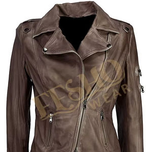 Nappa แจ็กเก็ตมอเตอร์ไซค์ผู้หญิงหนังวัวสีน้ำตาลเข้มมีสไตล์กันน้ำระบายอากาศได้ดีสำหรับชุดลำลองในฤดูหนาว - Product Image 1