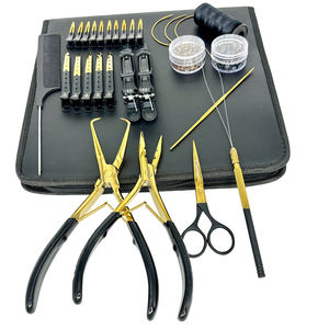Kit d'extension de cheveux noir doré, pinces d'ouverture et de fermeture, perles, clips à boucle, aiguille, crochet de tirage, fil, ciseaux, outils en acier inoxydable - Product Image 1