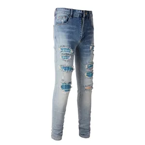 High Street wear Trous Avec Cristaux Bleu Clair Patchwork Haute Stretch Slim Fit Strass Patches Distressed Déchiré Jeans Hommes - Product Image 3