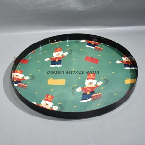 Bandeja de servicio verde redonda con borde negro brillante con un diseño festivo de osos de dibujos animados alegres y Cajas de Regalo - Product Image 1