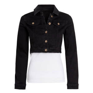 Chaqueta vaquera ajustada elástica de talla 14 12 10 8 6 para mujer, chaqueta vaquera negra, Chaqueta corta de manga larga con cierre de botones - Product Image 1