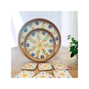 Rattan <b>Tray</b> Shell Bottom Decoration Round Storage <b>Basket</b> with Handle Colorful Shell Fruit Plate Creative - Product Image 3