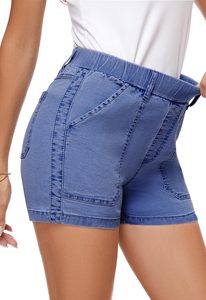 Short en jean pour femme taille haute été coton extensible décontracté sur la plage short en jean taille élastique avec poches - Product Image 3