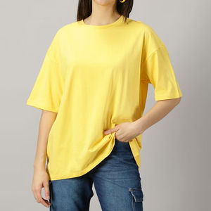 Camiseta de Verano para Mujer, Holgada, Estilo Urbano, Color Sólido, Antiarrugas, Larga, 100% Algodón, Transpirable - Product Image 1