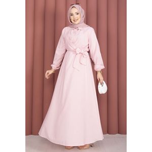 Abito Hijab a Righe Rosa con Laccetti Laterali e Vita Naturale - Product Image 3