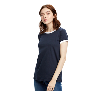 Último diseño Camiseta de manga corta Ringer Knit Top logotipo personalizado camiseta de talla grande ropa de mujer azul teñido mujer Ringer camiseta - Product Image 1