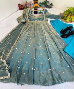 DESIGNER FENDY SATIN RAMBO SEQUENCE EMBROIDERY WORK GOWN BOTTOM DUPATTA WEDDING WEAR WHOLESALE PRICE ETHNIC GARMENT SKY COTTON - Product Image 5