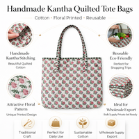 Sacs fourre-tout zippés en coton brodés Kantha faits main, couleur unie, ouverts, pour l'été et l'automne, sacs de shopping, vente en gros, export, en vrac