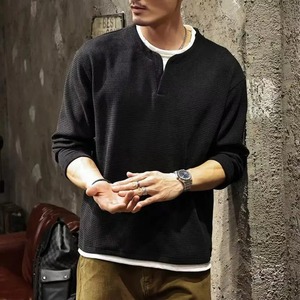 Spring and Autumn New <b>Men</b> <b>Henley</b> neck T Shirt <b>Long</b> <b>Sleeve</b> Casual Solid color T-Shirt Fashion Waffle two-piece Sweatshirts - Product Image 3